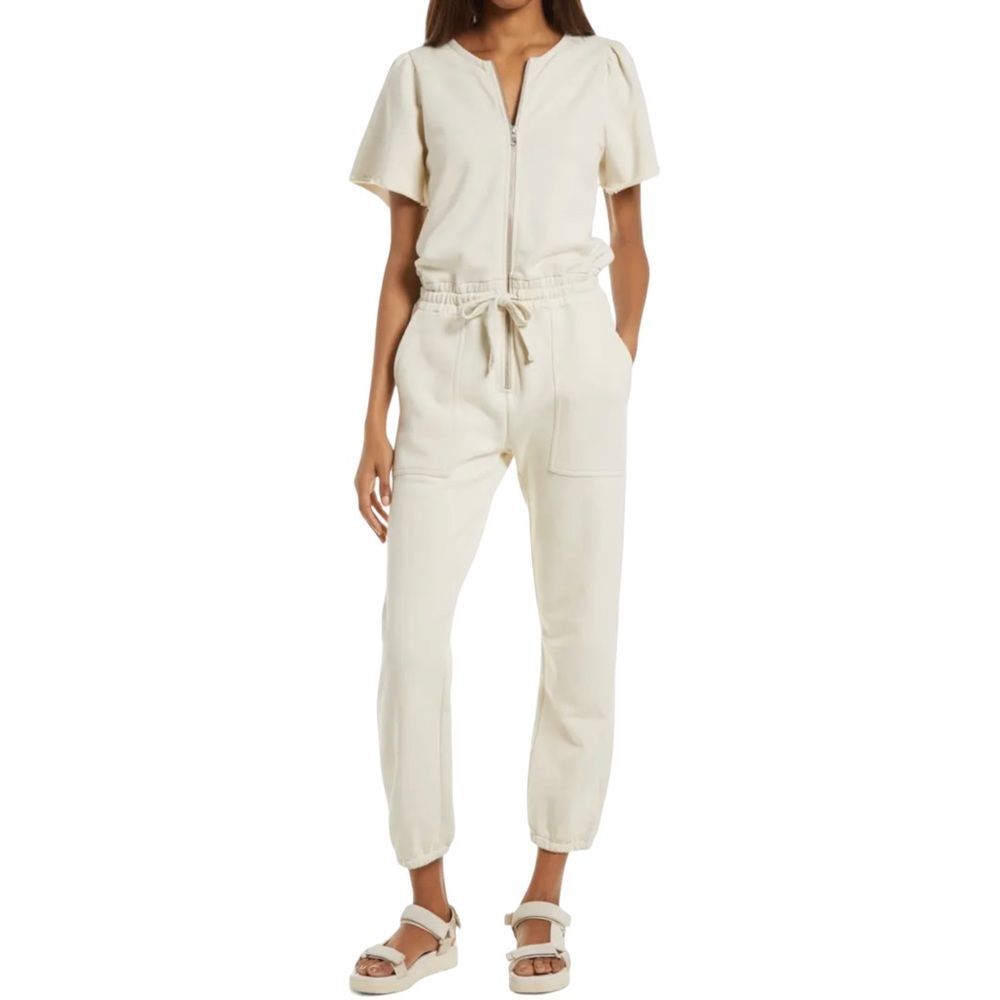 Rebecca Minkoff Mila Zip Front Short Sleeve Cream Cotton Jumpsuit Size Medium